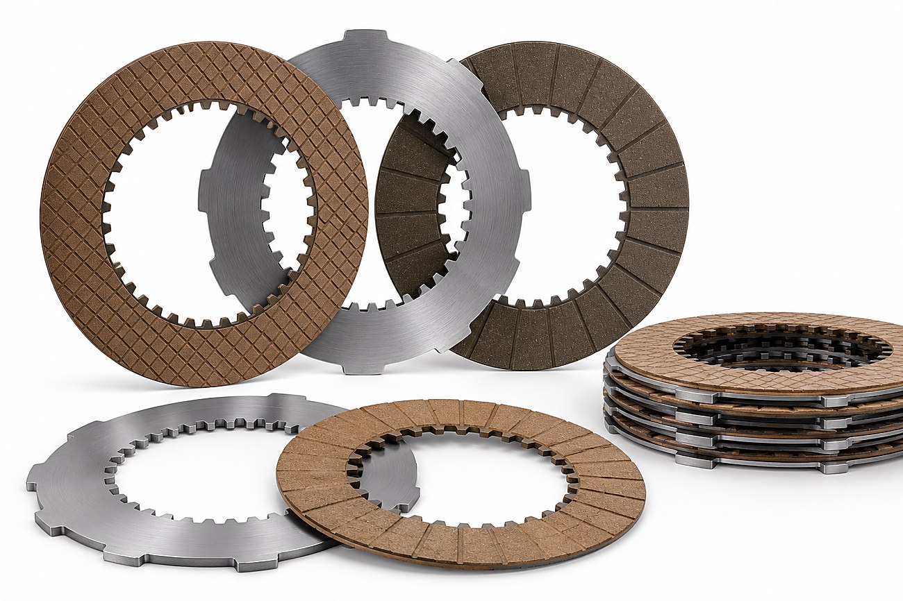 Steel, sintered-bronze, paper and organic friction plates
